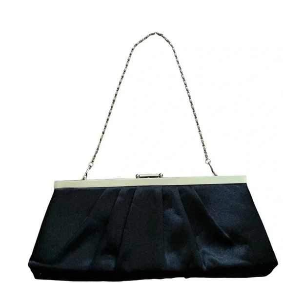 Jessica McClintock Black Satin Fabric Evening Clutch Handbag Purse Chain Small - Picture 1 of 7